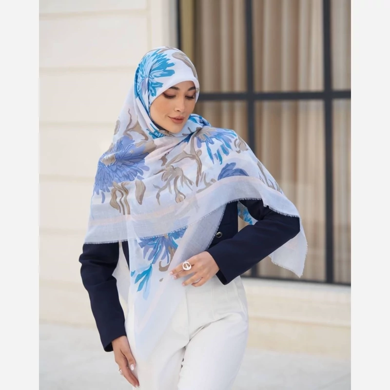 روسری نخی مودال ریشه پرزی آبی روشن کیفیت عالی
